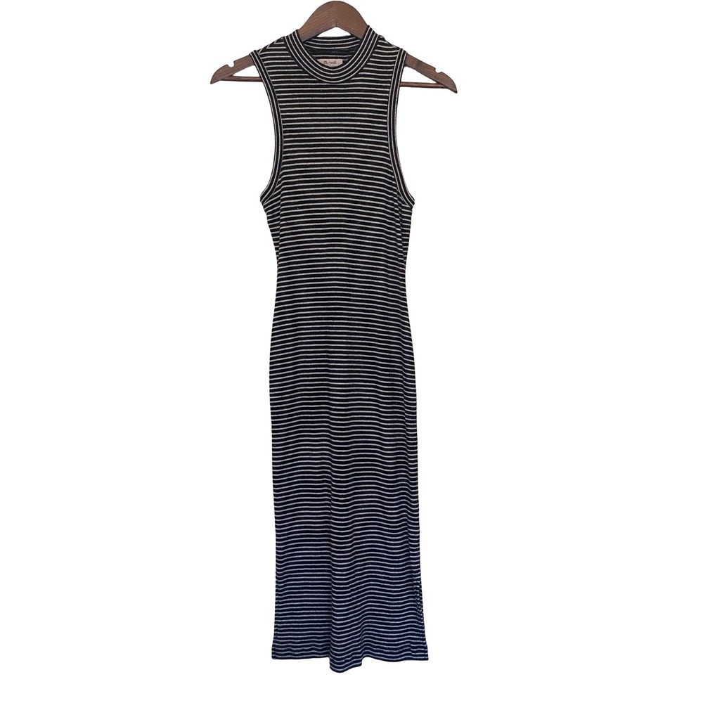 Madewell Ribbed Knit Women Midi Dress S Black Whiteโ Stripe Wool Blend Mock Neck